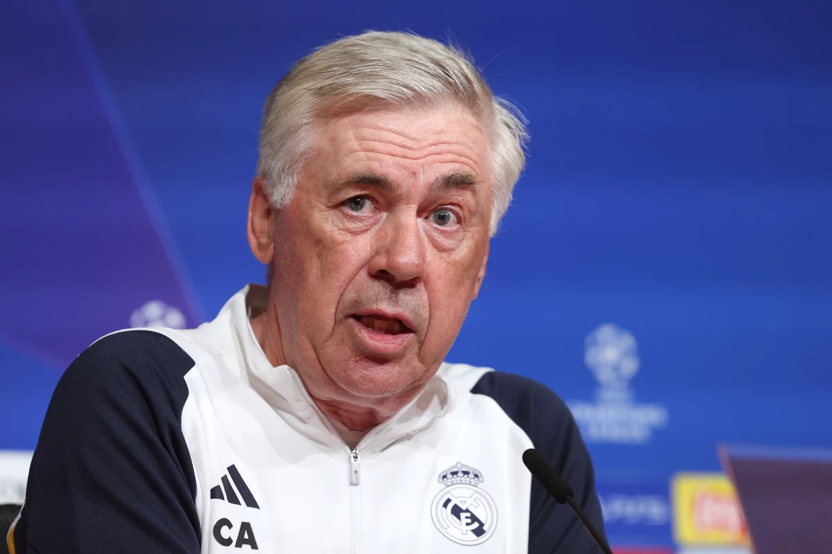 MUNICH, GERMANY - APRIL 29: Carlo Ancelotti, head coach of Real Madrid talks to the media during a press conference ahead of their UEFA Champions League semi-final first leg match against FC Bayern München at Allianz Arena on April 29, 2024 in Munich, Germany. (Photo by Alexander Hassenstein/Getty Images)