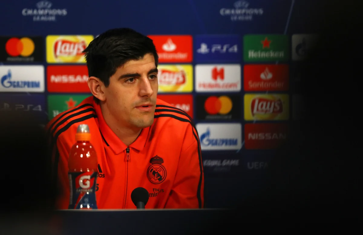 AMSTERDAM, NETHERLANDS - FEBRUARY 12: Thibaut Courtois looks on during a Real Madrid press conference at Johan Cruyff Arena on February 12, 2019 in Amsterdam, Netherlands. (Photo by Dean Mouhtaropoulos/Getty Images)