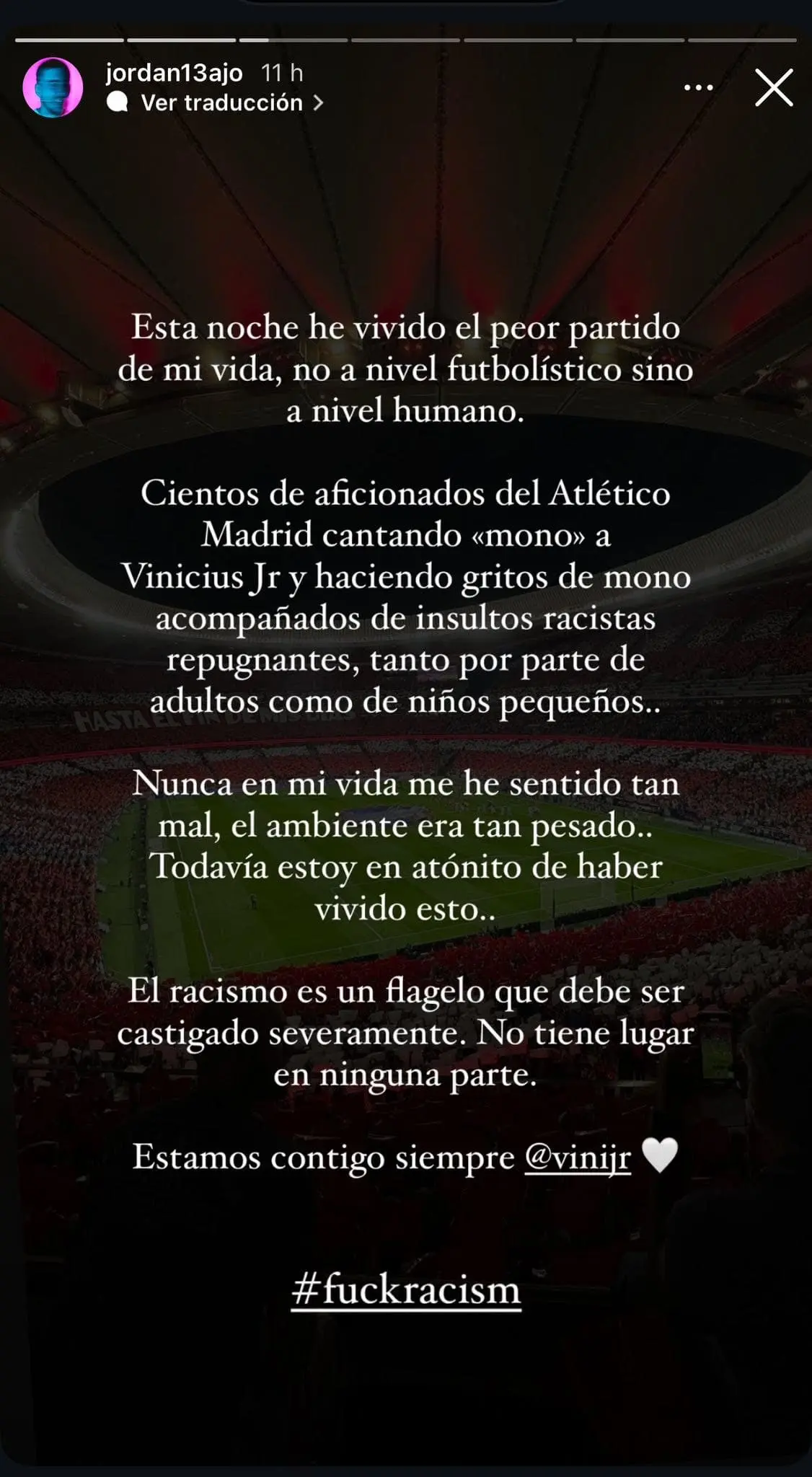Capture d'écran de la story Instagram du photographe français Jordan Bajo, ayant assisté au dernier derbi Atlético - Real Madrid le 29 septembre 2024.