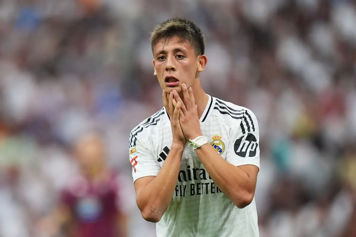 MADRID, SPAIN - AUGUST 25: Arda Gueler of Real Madrid reacts during the La Liga match between Real Madrid CF and Real Valladolid CF at Estadio Santiago Bernabeu on August 25, 2024 in Madrid, Spain. (Photo by Angel Martinez/Getty Images).
