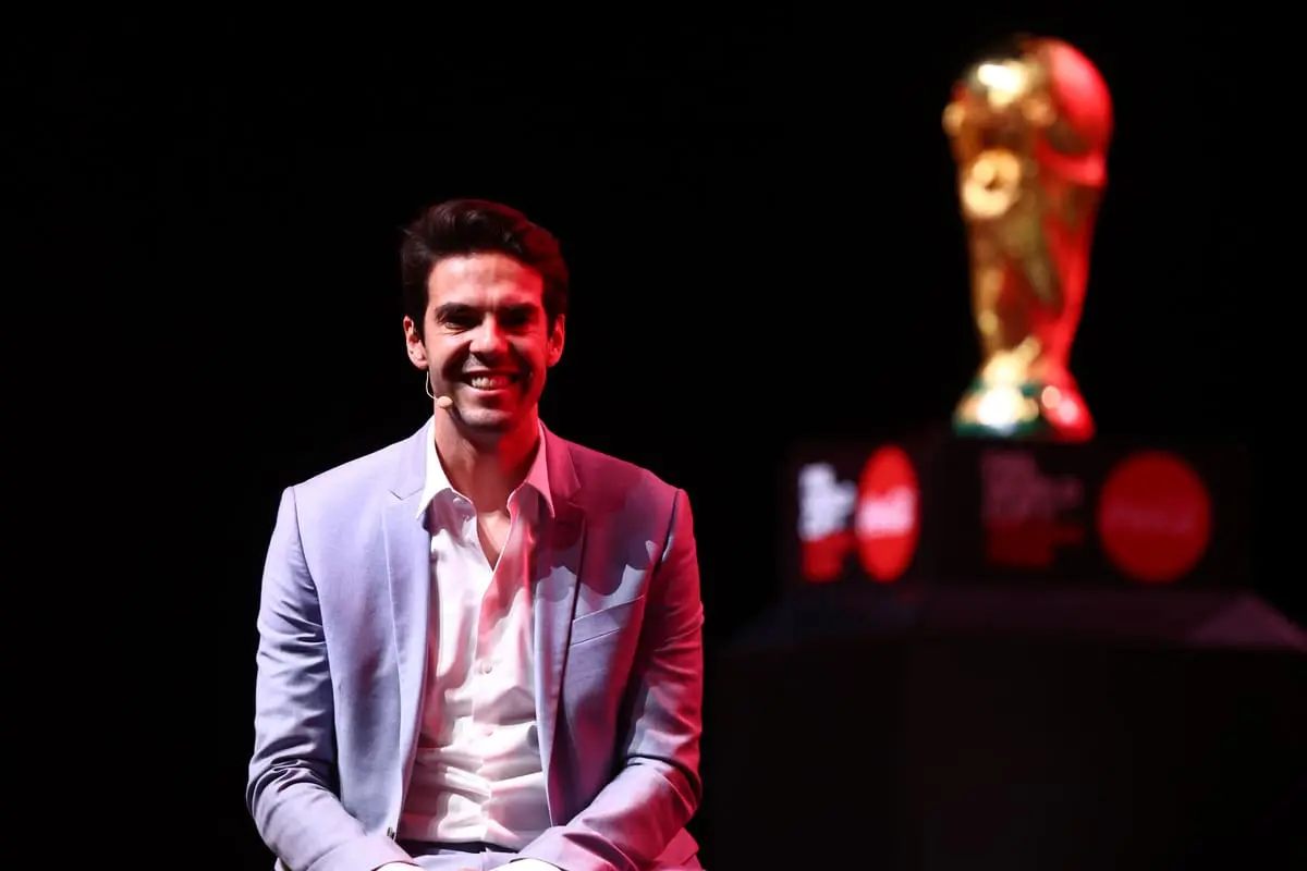 DUBAI, UNITED ARAB EMIRATES - MAY 12: Kaka, FIFA World Cup Trophy Tour Ambassador and former player of Real Madrid is seen on stage during the unveiling of the Original FIFA World Cup Trophy at Coca-Cola Arena on May 12, 2022 in Dubai, United Arab Emirates. The Original FIFA World Cup Trophy was unveiled at Dubai’s Coca-Cola Arena before it embarks on its fifth journey, traveling to 51 countries and territories. (Photo by Francois Nel/Getty Images for Coca-Cola)
