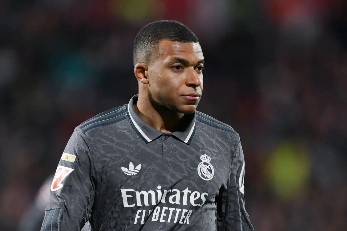 GIRONA, SPAIN - DECEMBER 07: Kylian Mbappé of Real Madrid looks on during the LaLiga match between Girona FC and Real Madrid CF at Montilivi Stadium on December 07, 2024 in Girona, Spain. (Photo by David Ramos/Getty Images)