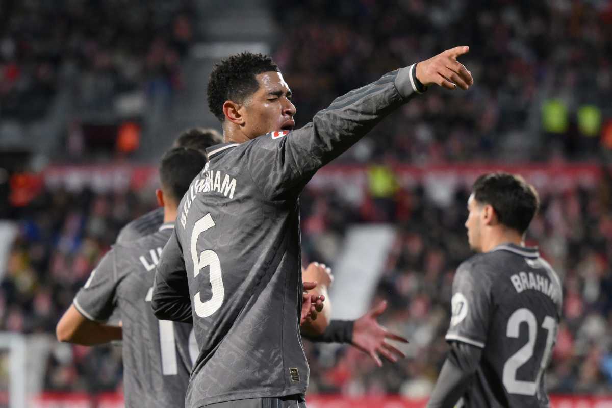 GIRONA, SPAIN - DECEMBER 07: Jude Bellingham of Real Madrid celebrates scoring his team's first goal during the LaLiga match between Girona FC and Real Madrid CF at Montilivi Stadium on December 07, 2024 in Girona, Spain. (Photo by Alex Caparros/Getty Images)