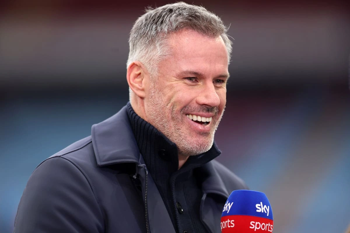 BIRMINGHAM, ENGLAND - OCTOBER 22: Jamie Carragher, Sky Sports TV Presenter and Former Footballer reacts prior to the Premier League match between Aston Villa and West Ham United at Villa Park on October 22, 2023 in Birmingham, England. (Photo by Nathan Stirk/Getty Images)
