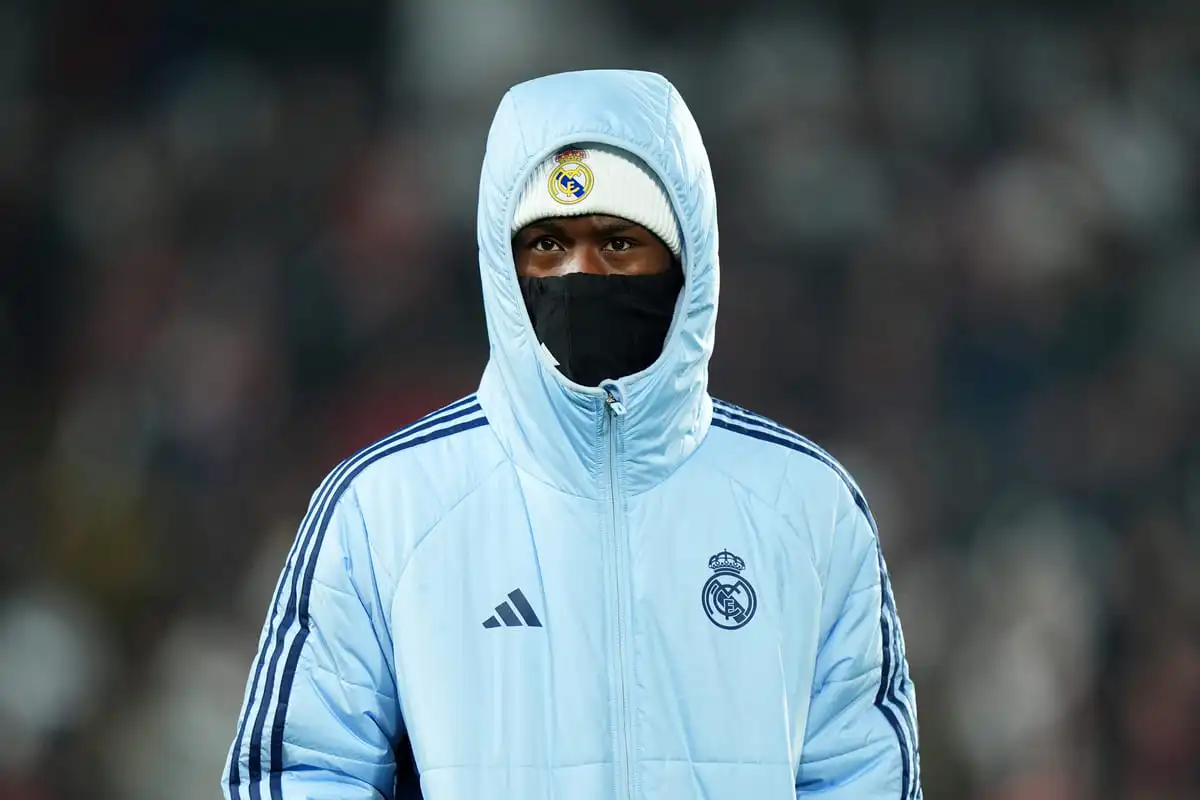 MADRID, SPAIN - DECEMBER 14: Eduardo Camavinga of Real Madrid looks on ahead of the LaLiga EA Sports match between Rayo Vallecano and Real Madrid at Estadio de Vallecas on December 14, 2024 in Madrid, Spain. (Photo by Angel Martinez/Getty Images)