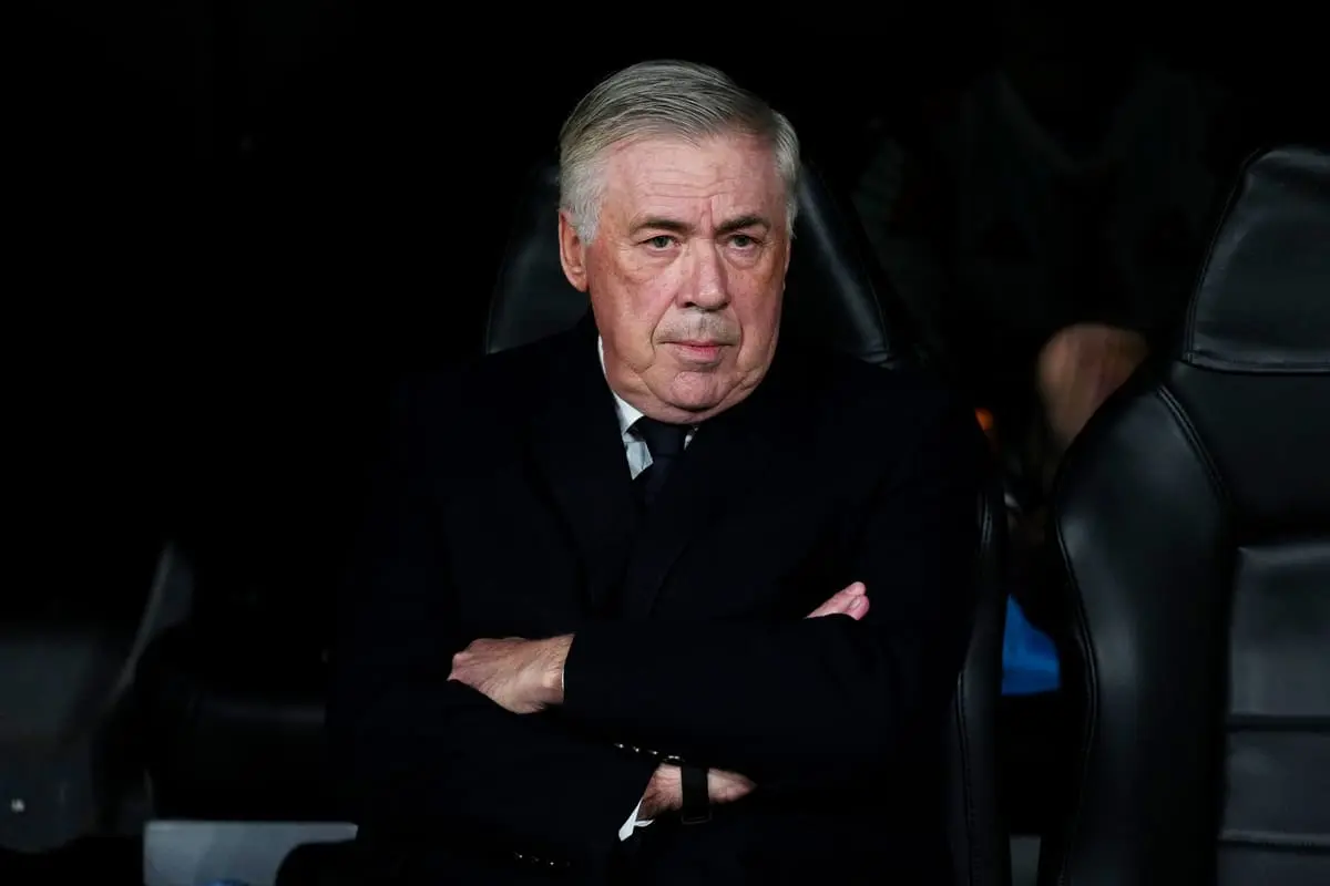 MADRID, SPAIN - JANUARY 22: Carlo Ancelotti, Head Coach of Real Madrid, looks on prior to the UEFA Champions League 2024/25 League Phase MD7 match between Real Madrid C.F. and FC Salzburg at Estadio Santiago Bernabeu on January 22, 2025 in Madrid, Spain. (Photo by Angel Martinez/Getty Images).