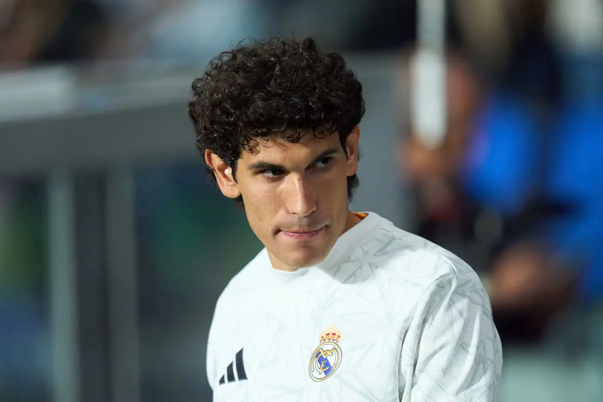 SAN SEBASTIAN, SPAIN - SEPTEMBER 14: Jesus Vallejo of Real Madrid looks on prior to the LaLiga match between Real Sociedad and Real Madrid CF at Reale Arena on September 14, 2024 in San Sebastian, Spain. (Photo by Juan Manuel Serrano Arce/Getty Images)