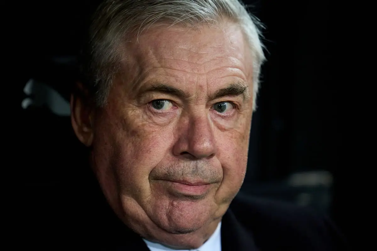 VALENCIA, SPAIN - JANUARY 03: Carlo Ancelotti, Head Coach of Real Madrid, looks on prior to the LaLiga match between Valencia CF and Real Madrid CF at Estadio Mestalla on January 03, 2025 in Valencia, Spain. (Photo by Aitor Alcalde/Getty Images).
