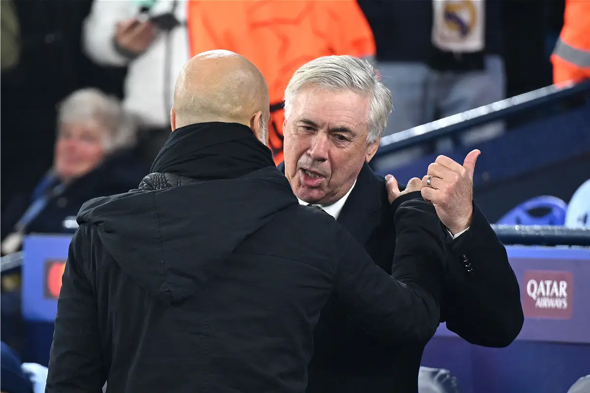 Ancelotti avec Guardiola ce mardi soir pour Manchester City vs Real Madrid. (Photo by Michael Regan/Getty Images).