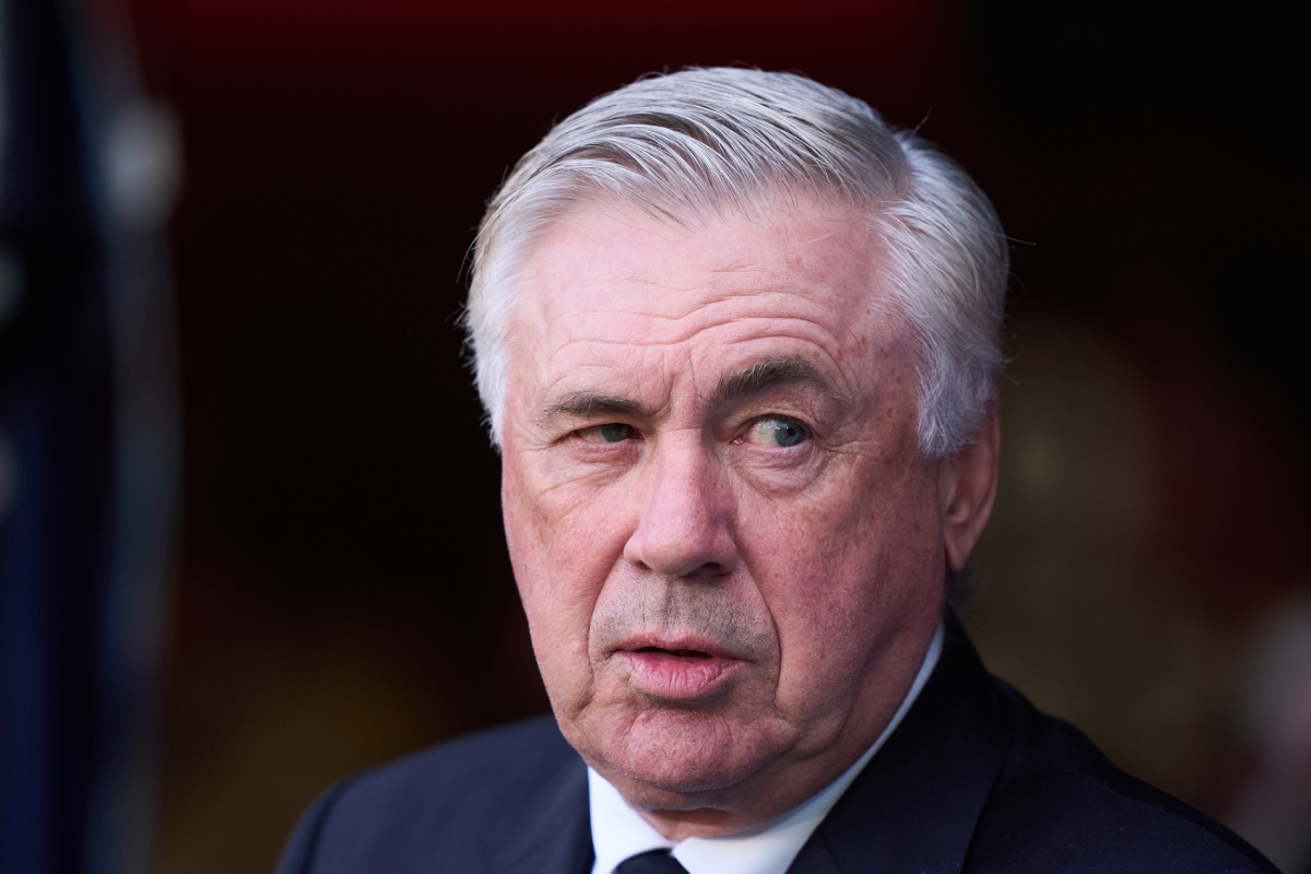 PAMPLONA, SPAIN - FEBRUARY 15: Head coach Carlo Ancelotti of Real Madrid looks on prior to the LaLiga match between CA Osasuna and Real Madrid CF at Estadio El Sadar on February 15, 2025 in Pamplona, Spain. (Photo by Juan Manuel Serrano Arce/Getty Images)