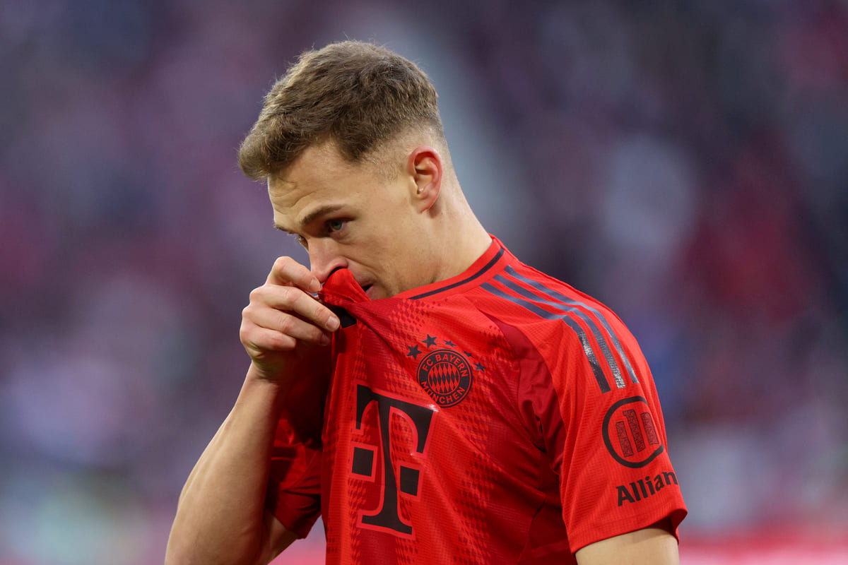 MUNICH, GERMANY - FEBRUARY 01: Joshua Kimmich of Bayern Munich reacts during the Bundesliga match between FC Bayern München and Holstein Kiel at Allianz Arena on February 01, 2025 in Munich, Germany. (Photo by Adam Pretty/Getty Images)
