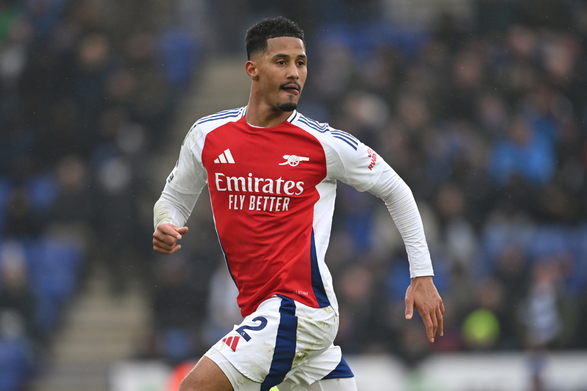 LEICESTER, ENGLAND - FEBRUARY 15: William Saliba of Arsenal in action during the Premier League match between Leicester City FC and Arsenal FC at The King Power Stadium on February 15, 2025 in Leicester, England. (Photo by Michael Regan/Getty Images)