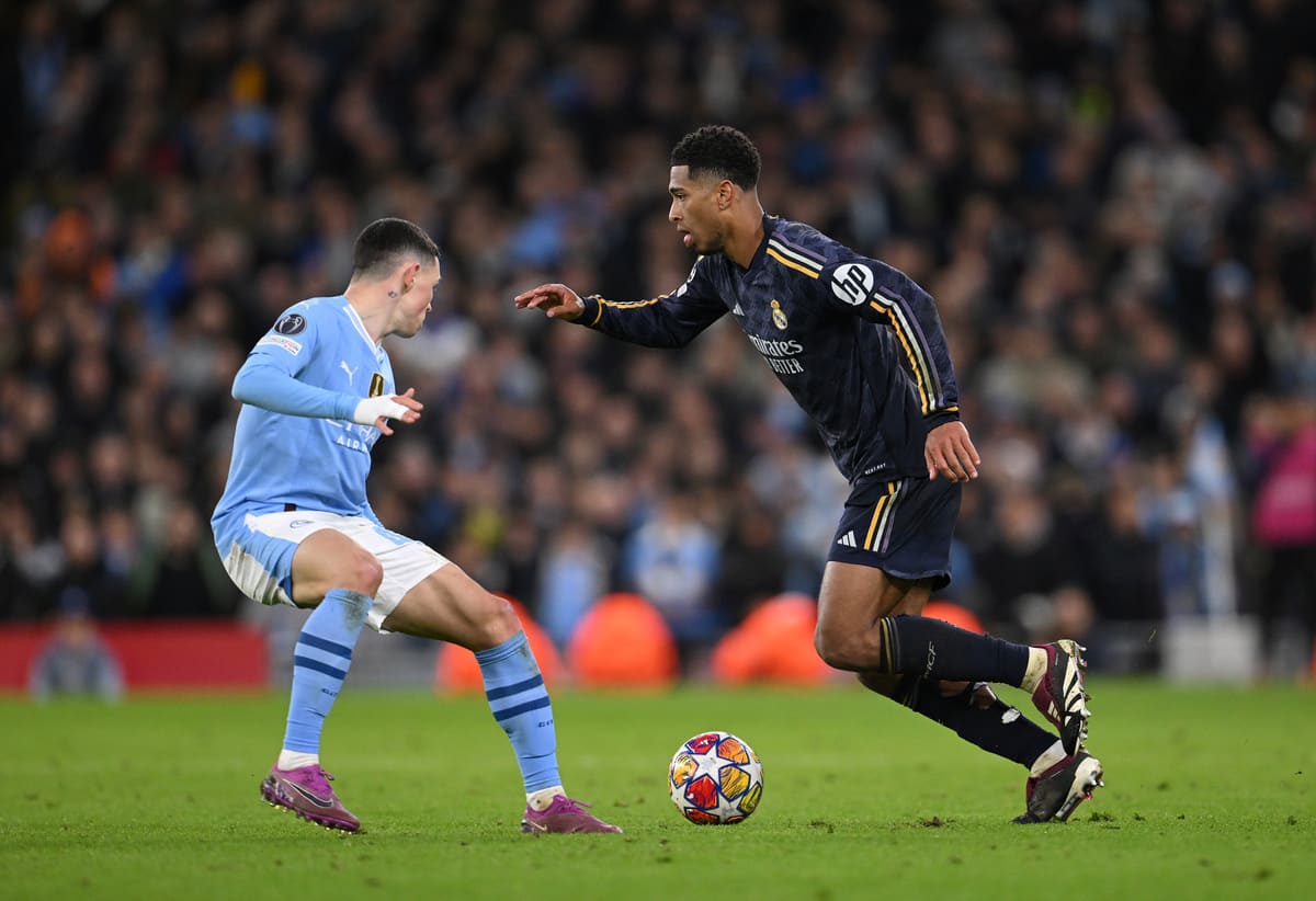 MANCHESTER, ENGLAND - APRIL 17: Real Madrid player Jude Bellingham in action during the UEFA Champions League quarter-final second leg match between Manchester City and Real Madrid CF at Etihad Stadium on April 17, 2024 in Manchester, England. (Photo by Stu Forster/Getty Images)