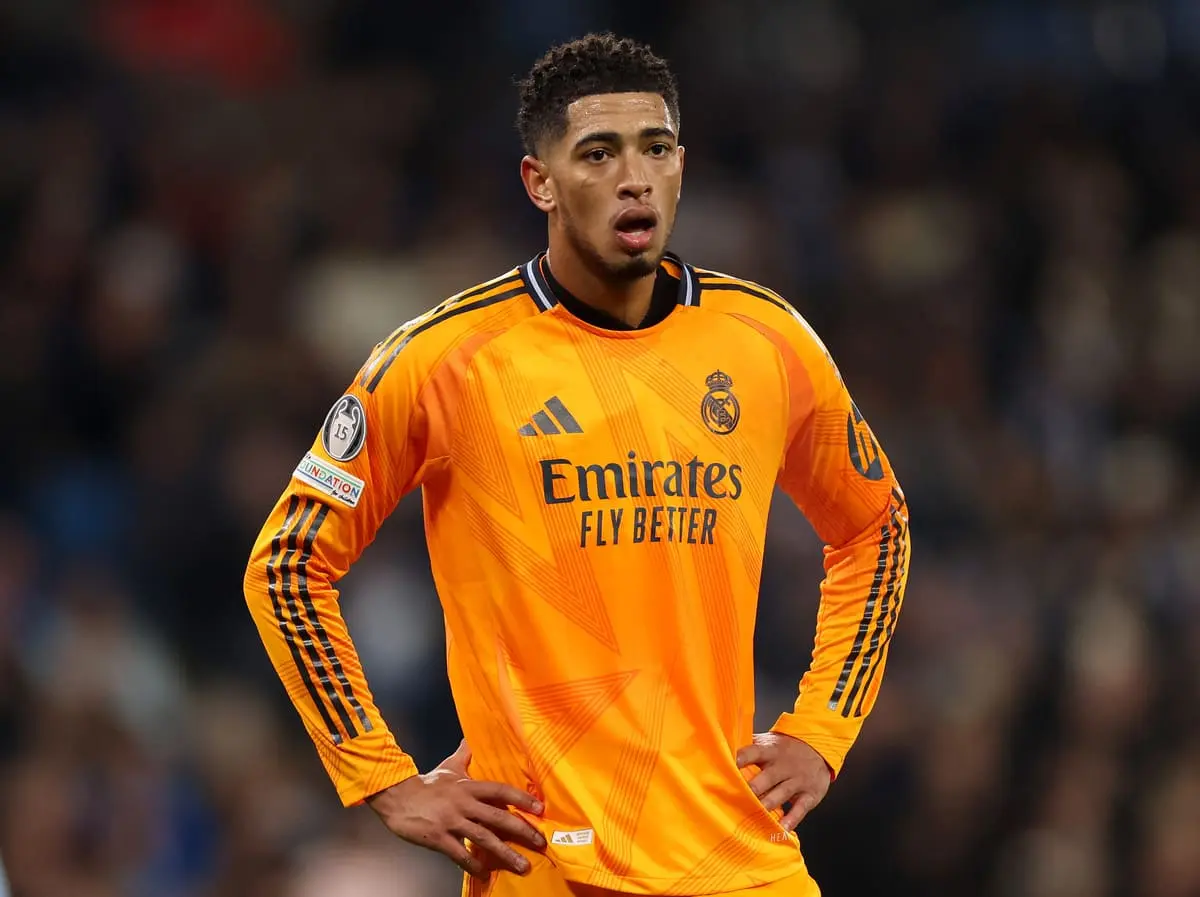 MANCHESTER, ENGLAND - FEBRUARY 11: Jude Bellingham of Real Madrid during the UEFA Champions League 2024/25 League Knockout Play-off first leg match between Manchester City and Real Madrid C.F. at Manchester City Stadium on February 11, 2025 in Manchester, England. (Photo by Carl Recine/Getty Images).