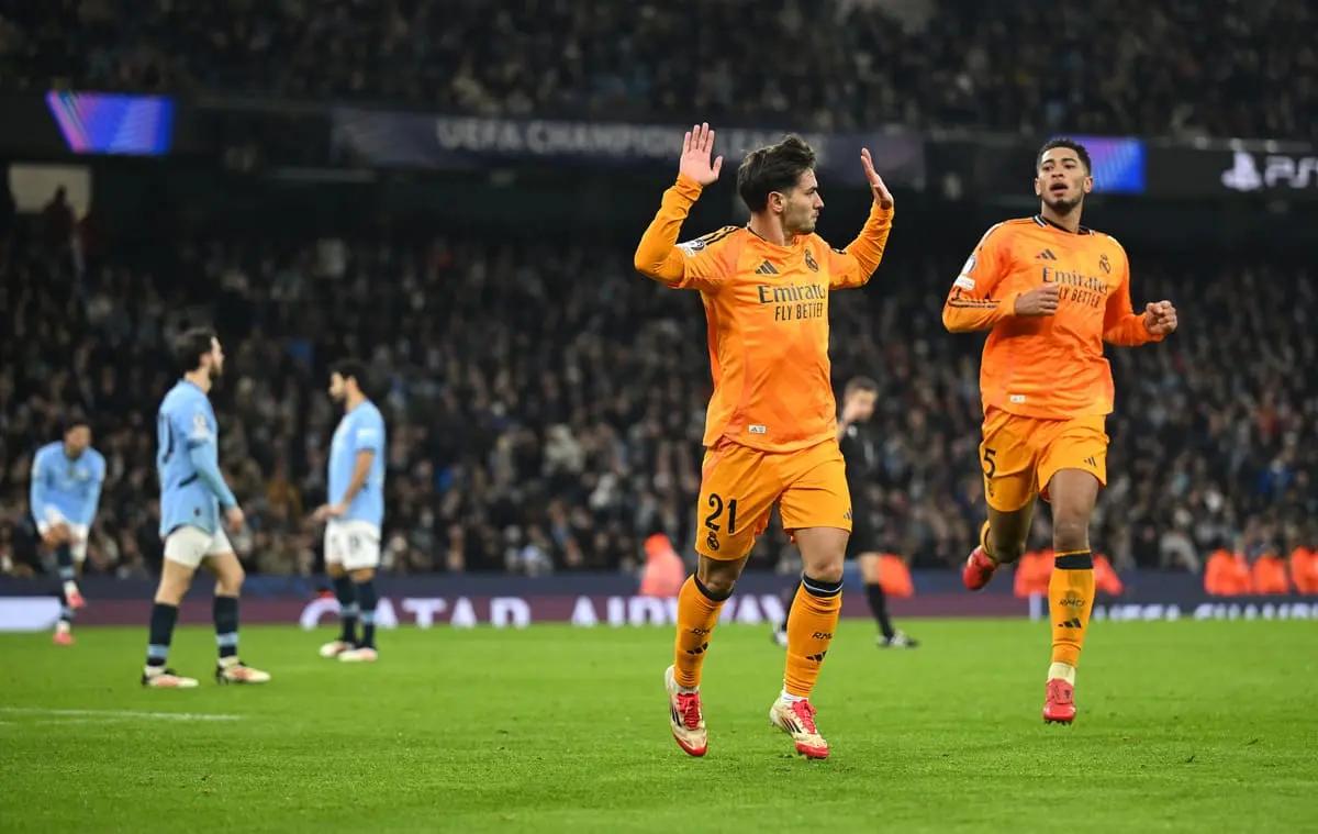 MANCHESTER, ENGLAND - FEBRUARY 11: Brahim Diaz of Real Madrid celebrates scoring his team's second goal during the UEFA Champions League 2024/25 League Knockout Play-off first leg match between Manchester City and Real Madrid C.F. at Manchester City Stadium on February 11, 2025 in Manchester, England. (Photo by Michael Regan/Getty Images).