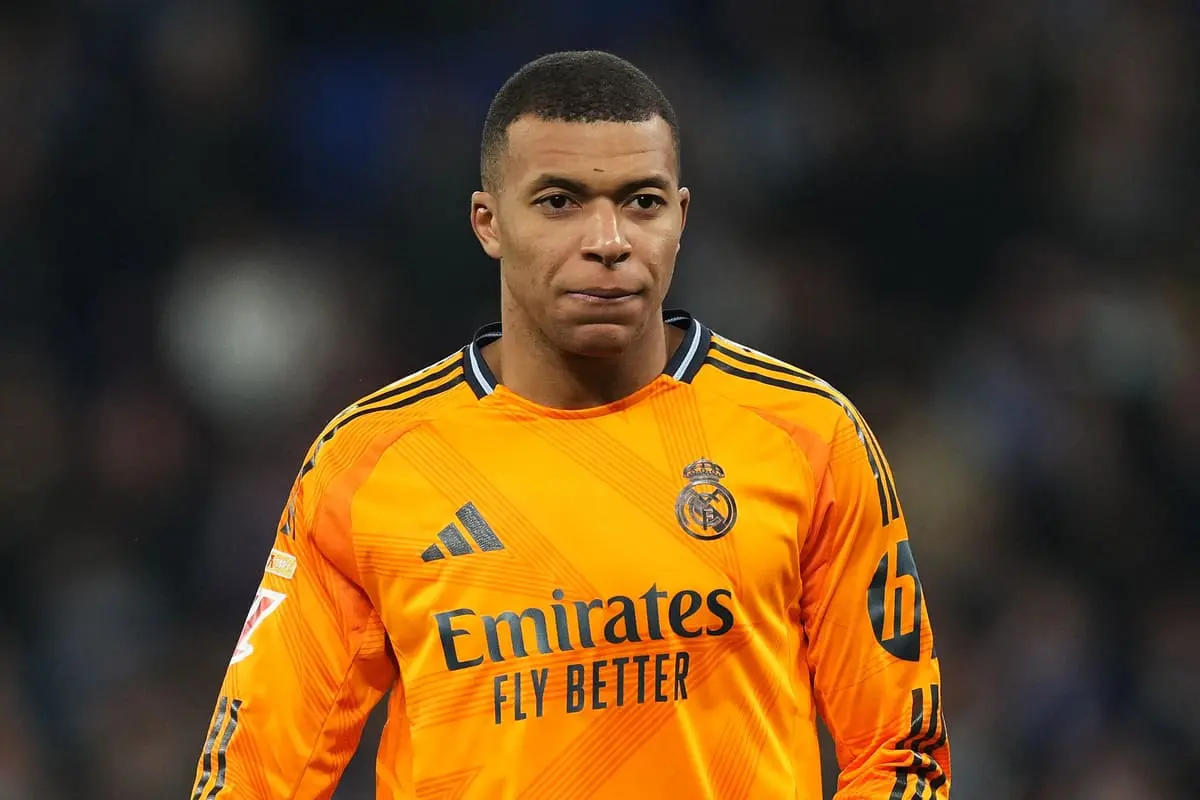 BARCELONA, SPAIN - FEBRUARY 01: Kylian Mbappe of Real Madrid looks on during the LaLiga match between RCD Espanyol de Barcelona and Real Madrid CF at RCDE Stadium on February 01, 2025 in Barcelona, Spain. (Photo by Alex Caparros/Getty Images).