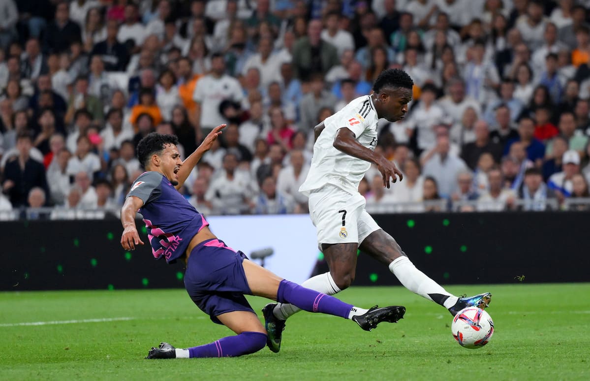 MADRID, SPAIN - SEPTEMBER 21: Vinicius Junior of Real Madrid scores his team's third goal during the LaLiga match between Real Madrid CF and RCD Espanyol de Barcelona at Estadio Santiago Bernabeu on September 21, 2024 in Madrid, Spain. (Photo by David Ramos/Getty Images)