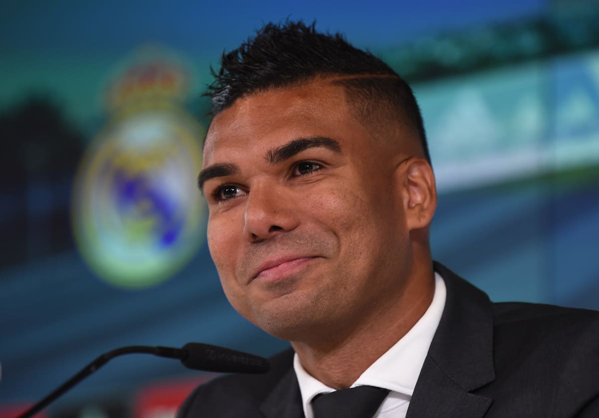 MADRID, SPAIN - AUGUST 22: Real Madrid player Casemiro gives a press conference at the club's Ciudad de Futbol training grounds on August 22, 2022 in Madrid, Spain. Casemiro held the press conference to explain his decision to move to Premier League club Manchester United. (Photo by Denis Doyle/Getty Images,)