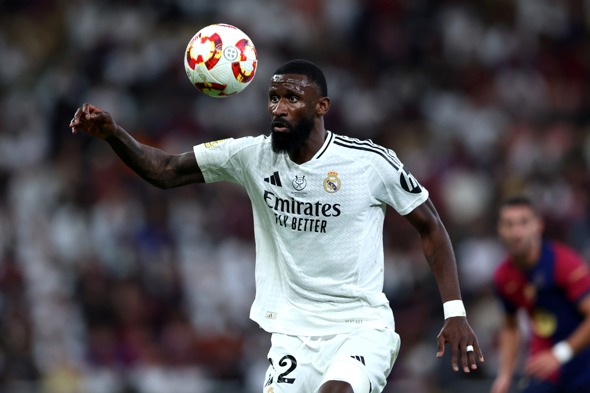 JEDDAH, SAUDI ARABIA - JANUARY 12: Antonio Rudiger of Real Madrid watches the ball during the Spanish Super Cup Final between Real Madrid and FC Barcelona at King Abdullah Sports City on January 12, 2025 in Jeddah, Saudi Arabia. (Photo by Yasser Bakhsh/Getty Images)
