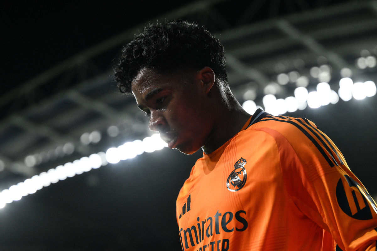 SAN SEBASTIAN, SPAIN - FEBRUARY 26: Endrick of Real Madrid looks on during the Copa del Rey Semi Final match between Real Sociedad and Real Madrid at Reale Arena on February 26, 2025 in San Sebastian, Spain. (Photo by David Ramos/Getty Images)