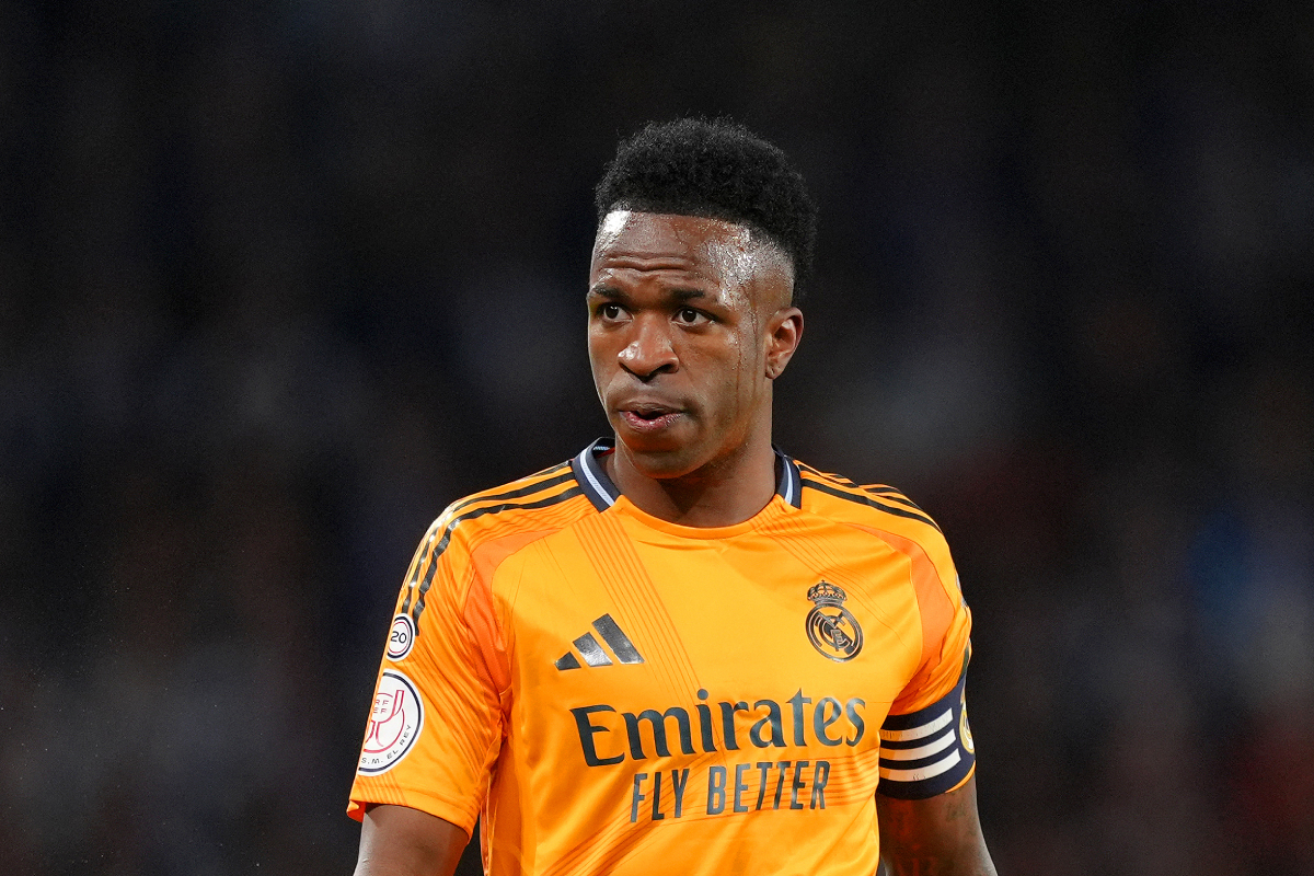 SAN SEBASTIAN, SPAIN - FEBRUARY 26: Vinicius Jr of Real Madrid looks on during the Copa del Rey Semi Final match between Real Sociedad and Real Madrid at Reale Arena on February 26, 2025 in San Sebastian, Spain. (Photo by Juan Manuel Serrano Arce/Getty Images)