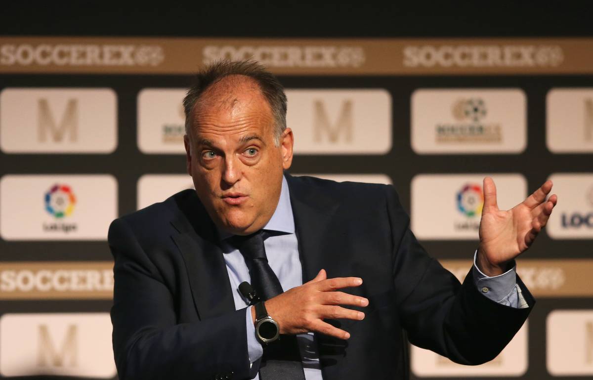 MANCHESTER, ENGLAND - SEPTEMBER 06: Javier Tebas, La Liga President talks during day 3 of the Soccerex Global Convention at Manchester Central Convention Complex on September 6, 2017 in Manchester, England. REAL MADRID (Photo by Jan Kruger/Getty Images for Soccerex) Real Madrid