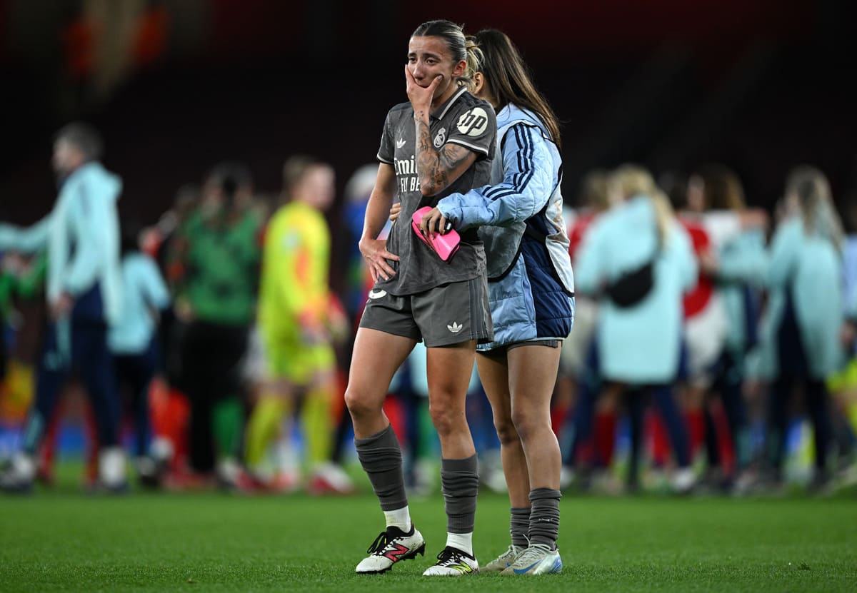 LONDON, ENGLAND - MARCH 26: Sheila Garcia of Real Madrid looks dejected after the team's defeat and being eliminated from the UEFA Women's Champions League after the UEFA Women's Champions League Quarter Finals Second Leg match between Arsenal FC and Real Madrid CF at Emirates Stadium on March 26, 2025 in London, England. (Photo by Justin Setterfield/Getty Images)