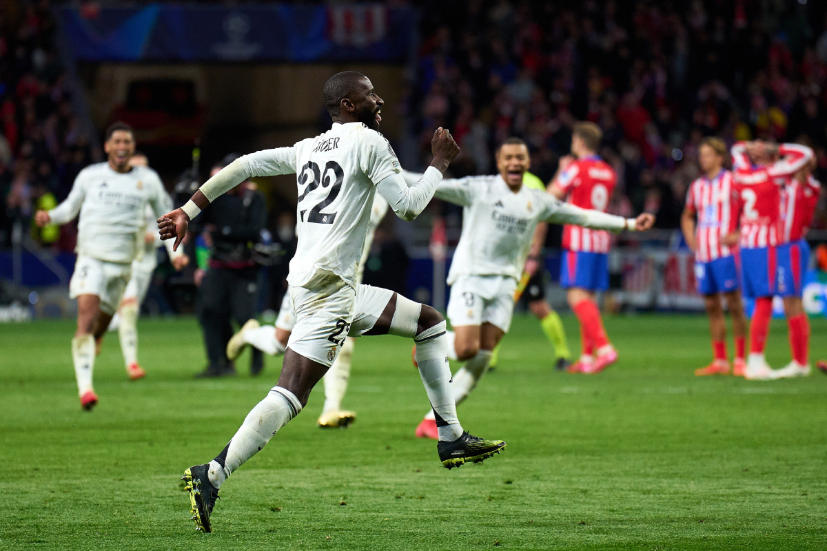 MADRID, SPAIN - MARCH 12: Antonio Rudiger of Real Madrid celebrates after scoring his sides fifth and winning penalty in the penalty shoot out during the UEFA Champions League 2024/25 UEFA Champions League 2024/25 Round of 16 second leg match between Atletico de Madrid and Real Madrid C.F. at Riyadh Air Metropolitano on March 12, 2025 in Madrid, Spain. (Photo by Angel Martinez/Getty Images)