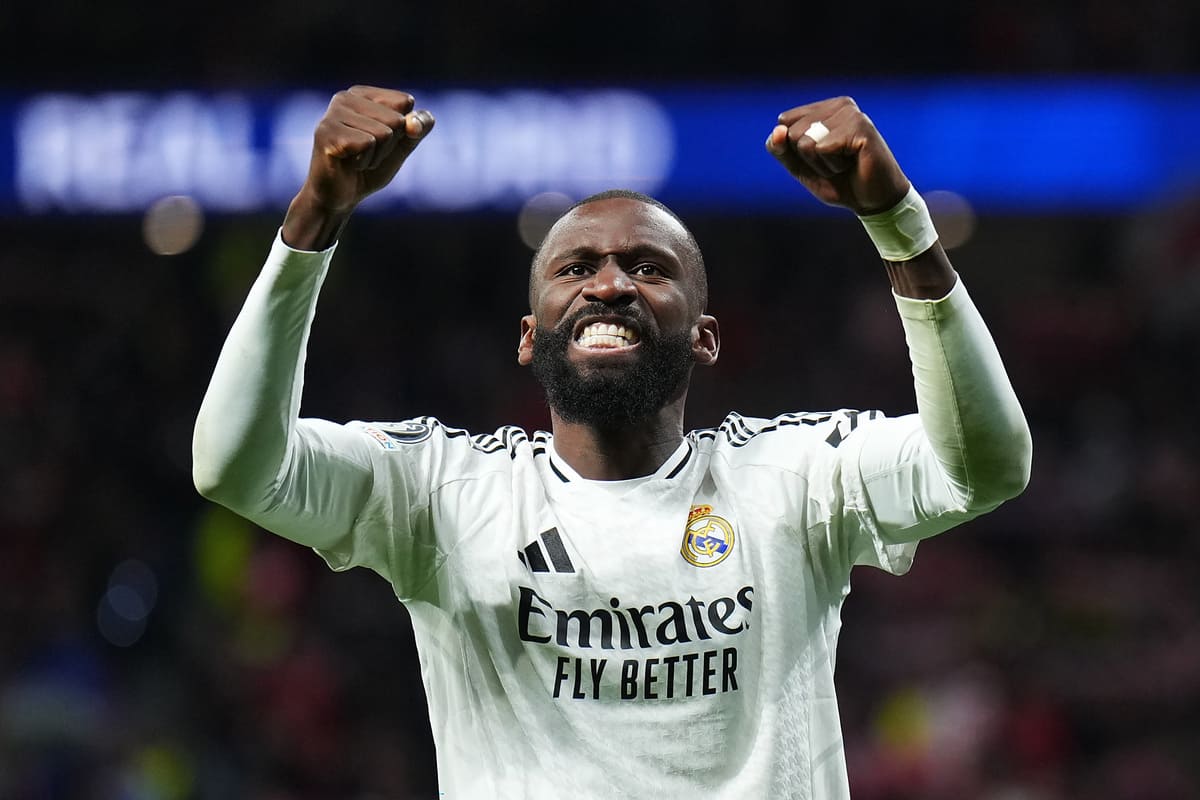MADRID, SPAIN - MARCH 12: Antonio Ruediger of Real Madrid celebrates victory after Real Madrid defeat Atletico de Madrid in the penalty shootout during the UEFA Champions League 2024/25 Round of 16 second leg match between Atletico de Madrid and Real Madrid C.F. at Estadio Metropolitano on March 12, 2025 in Madrid, Spain. (Photo by Angel Martinez/Getty Images)