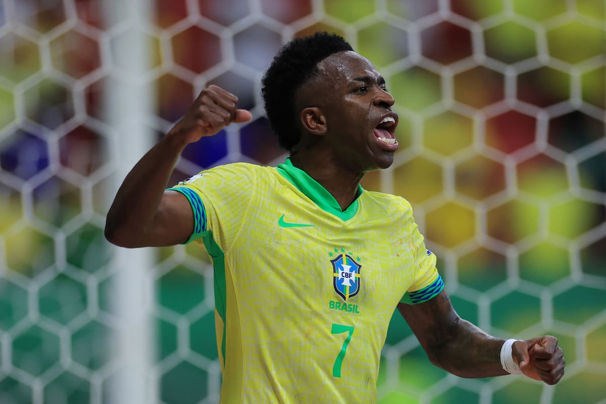 BRASILIA, BRAZIL - MARCH 20: Vinicius Jr. of Brazil reacts during the South American FIFA World Cup 2026 Qualifier match between Brazil and Colombia at Mane Garrincha Stadium on March 20, 2025 in Brasilia, Brazil. (Photo by Buda Mendes/Getty Images)