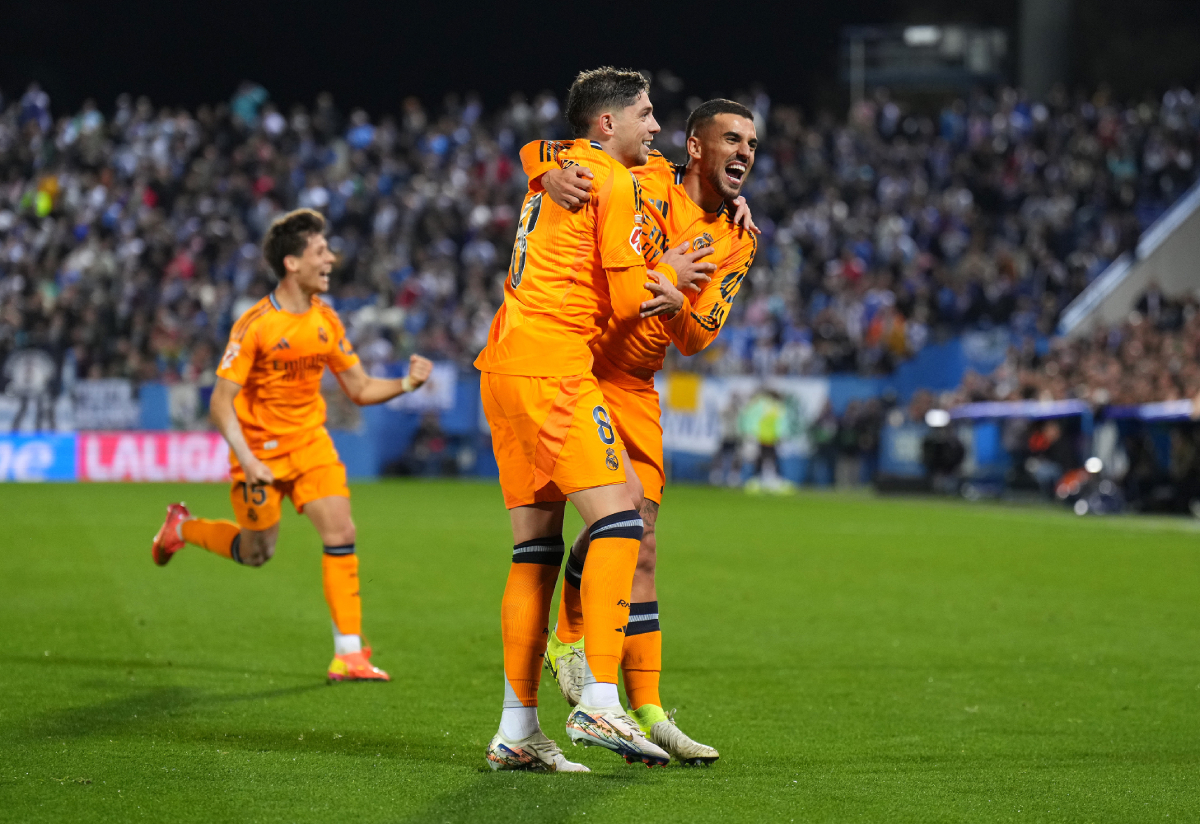 LEGANES, SPAIN - NOVEMBER 24: Federico Valverde of Real Madrid scores his team's second goal with teammate Dani Ceballos during the LaLiga match between CD Leganes and Real Madrid CF at Estadio Municipal de Butarque on November 24, 2024 in Leganes, Spain. (Photo by Angel Martinez/Getty Images)