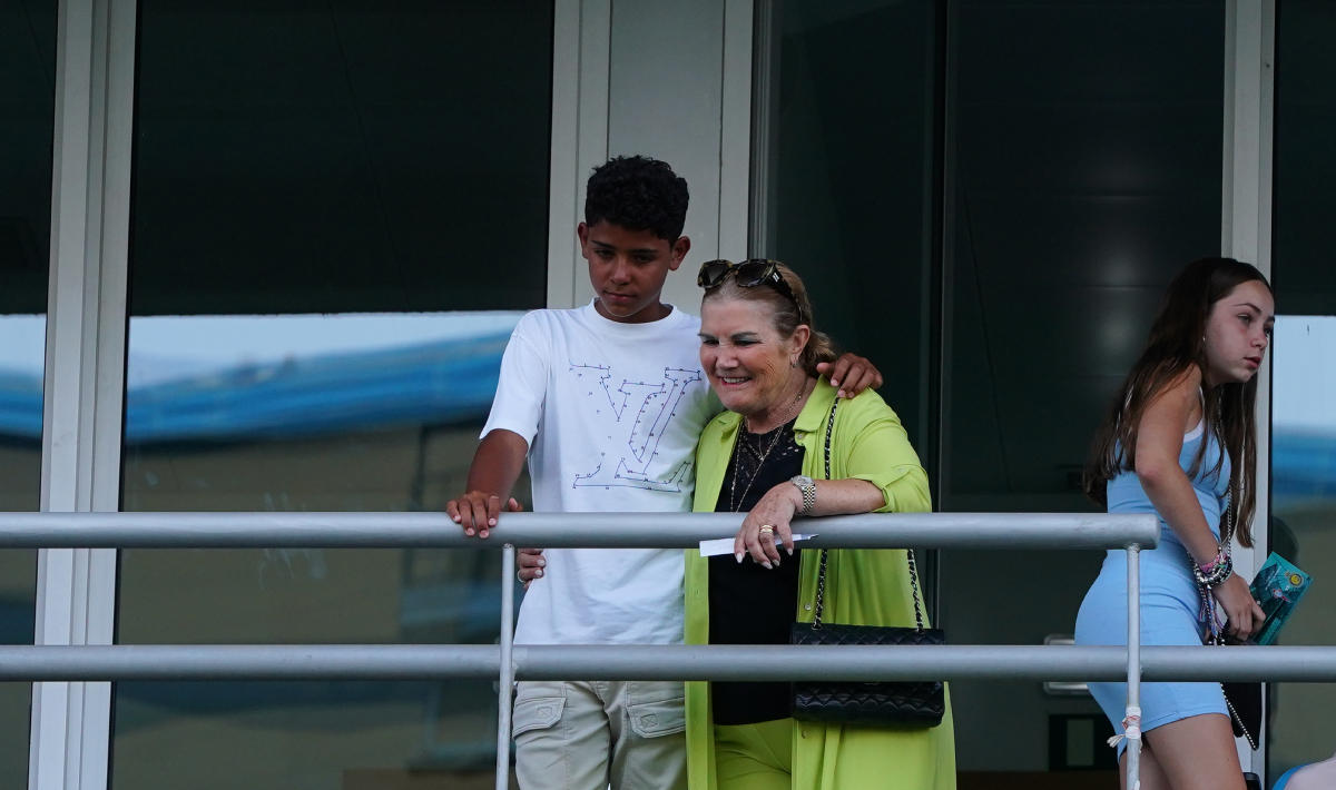 FARO, PORTUGAL - JULY 17: Cristiano Ronaldo's mother Dolores Aveiro and son Cristiano Ronaldo Junior before the start of the Pre-Season Friendly match between Celta Vigo and Al Nassr at Estadio Algarve on July 17, 2023 in Faro, Portugal. (Photo by Gualter Fatia/Getty Images)