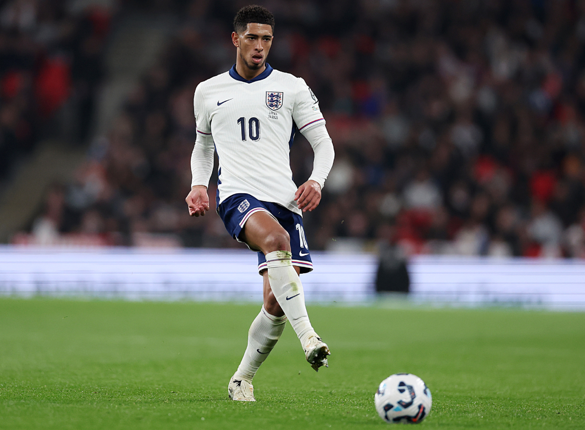 LONDON, ENGLAND - MARCH 24: Jude Bellingham of England during the FIFA World Cup 2026 European Qualifier between England and Latvia at Wembley Stadium on March 24, 2025 in London, England. (Photo by Harry Murphy/Getty Images)