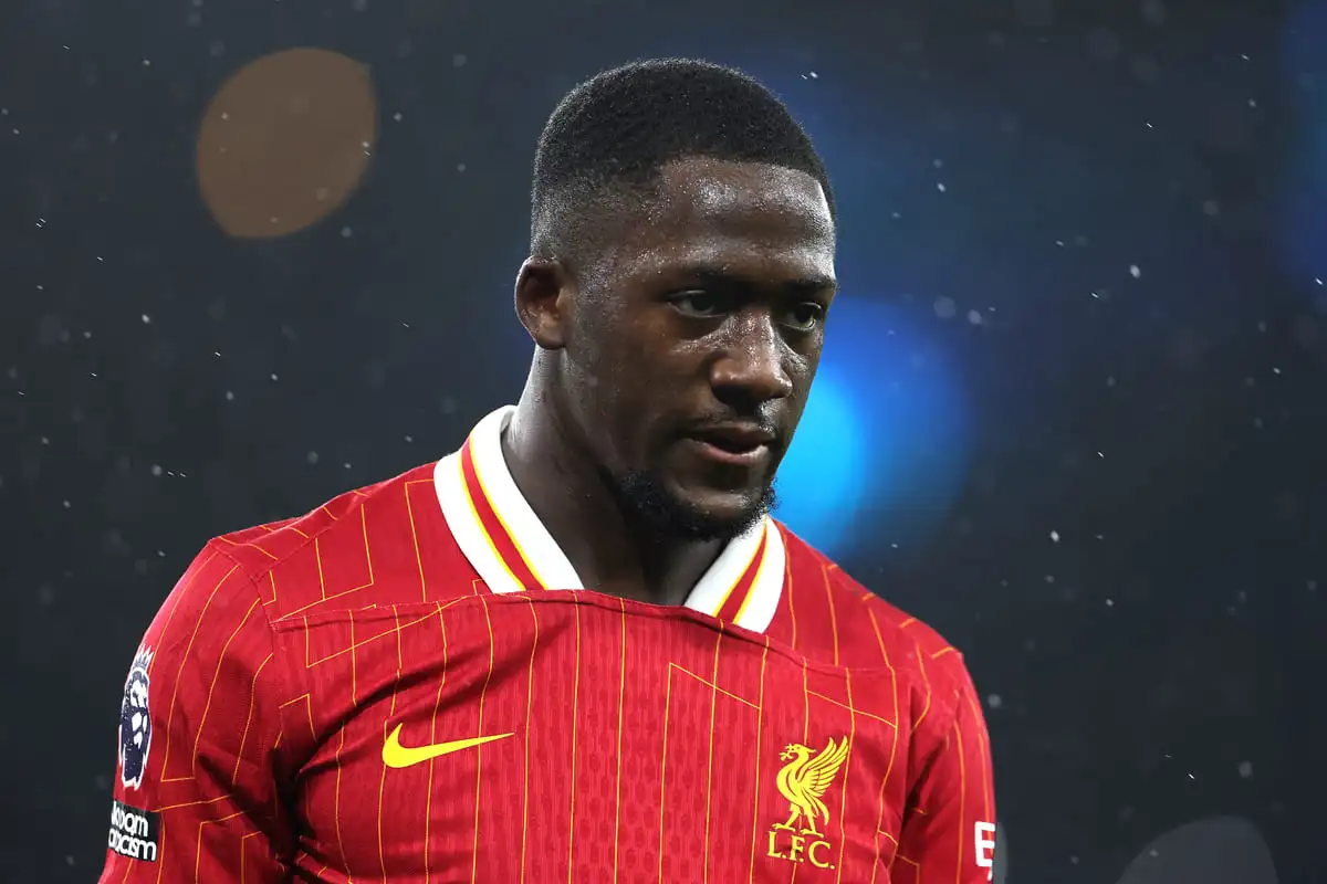 MANCHESTER, ENGLAND - FEBRUARY 23: Ibrahima Konate of Liverpool during the Premier League match between Manchester City FC and Liverpool FC at Etihad Stadium on February 23, 2025 in Manchester, England. (Photo by Alex Pantling/Getty Images).