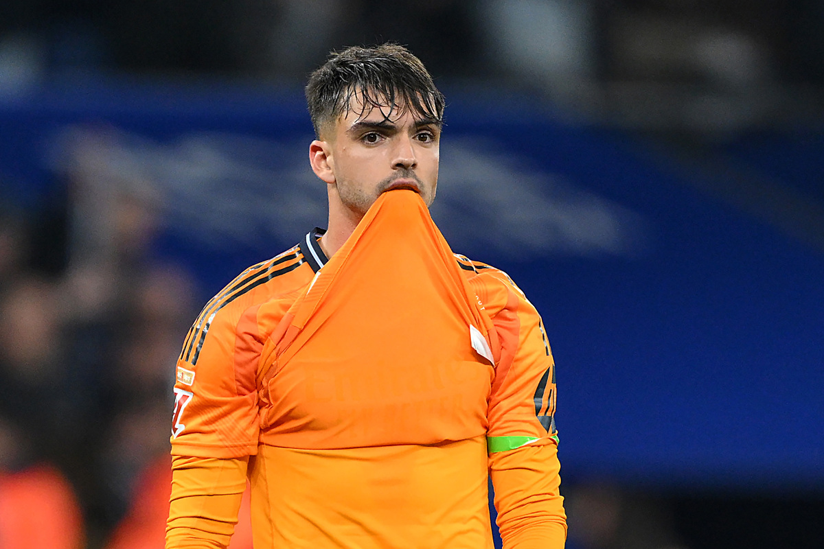 BARCELONA, SPAIN - FEBRUARY 01: Raul Asencio of Real Madrid reacts following a loss in the LaLiga match between RCD Espanyol de Barcelona and Real Madrid CF at RCDE Stadium on February 01, 2025 in Barcelona, Spain. (Photo by David Ramos/Getty Images)