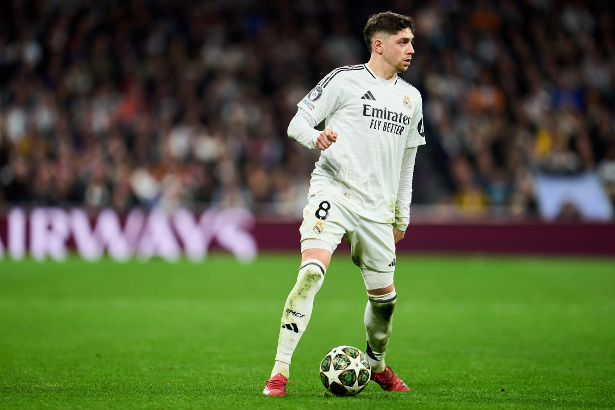 MADRID, SPAIN - MARCH 04: Federico Valverde of Real Madrid in action during the UEFA Champions League 2024/25 UEFA Champions League 2024/25 Round of 16 first leg match between Real Madrid C.F. and Atletico de Madrid at on March 04, 2025 in Madrid, Spain. (Photo by Aitor Alcalde/Getty Images)