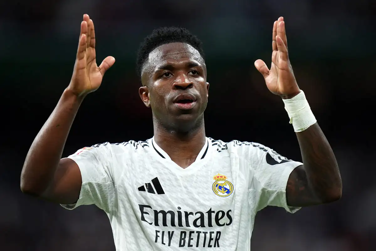 MADRID, SPAIN - FEBRUARY 23: Vinicius Junior of Real Madrid celebrates scoring his team's second goal during the LaLiga match between Real Madrid CF and Girona FC at Estadio Santiago Bernabeu on February 23, 2025 in Madrid, Spain. (Photo by Angel Martinez/Getty Images).