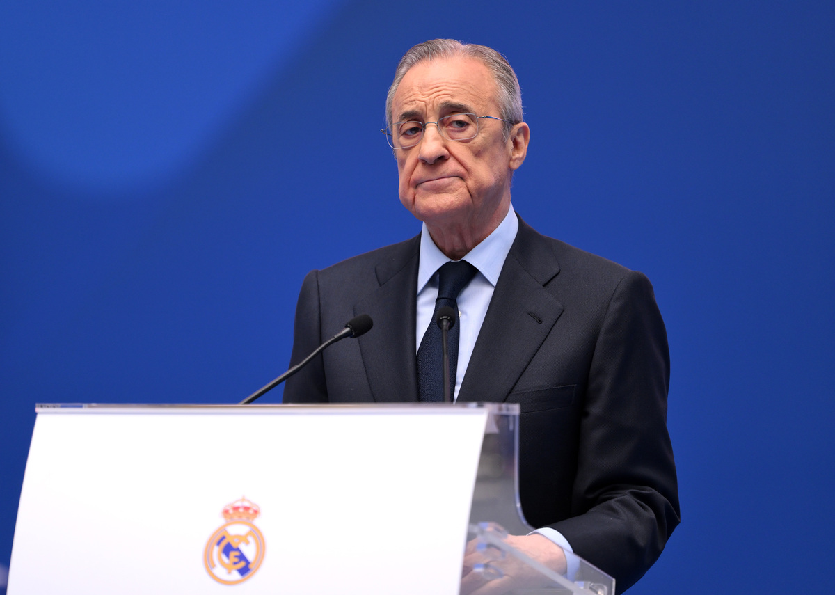 MADRID, SPAIN - JULY 16: Florentino Perez Rodriguez, President of Real Madrid speaks as Real Madrid new signing, Kylian Mbappe is unveiled at Estadio Santiago Bernabeu on July 16, 2024 in Madrid, Spain. (Photo by David Ramos/Getty Images)