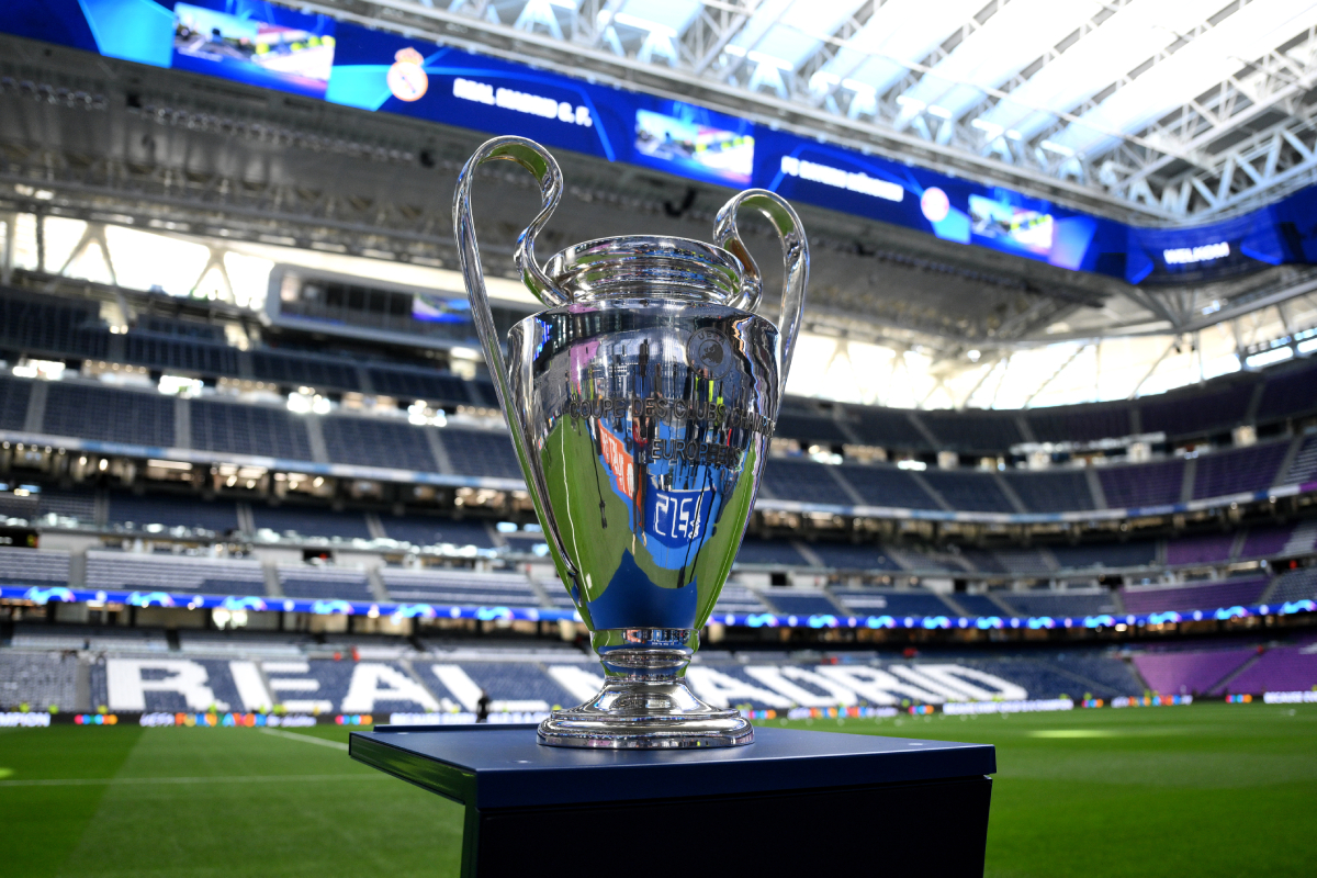 MADRID, SPAIN - MAY 08: A detailed view of the UEFA Champions League trophy, prior to the UEFA Champions League semi-final second leg match between Real Madrid and FC Bayern München at Estadio Santiago Bernabeu on May 08, 2024 in Madrid, Spain. (Photo by David Ramos/Getty Images)