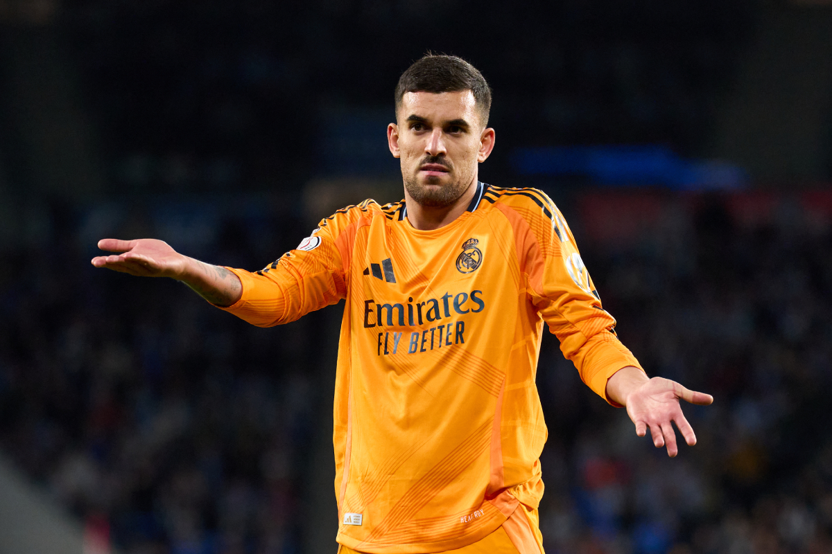 SAN SEBASTIAN, SPAIN - FEBRUARY 26: Daniel Ceballos of Real Madrid reacts during the Copa del Rey Semi Final match between Real Sociedad and Real Madrid at Reale Arena on February 26, 2025 in San Sebastian, Spain. (Photo by Juan Manuel Serrano Arce/Getty Images)