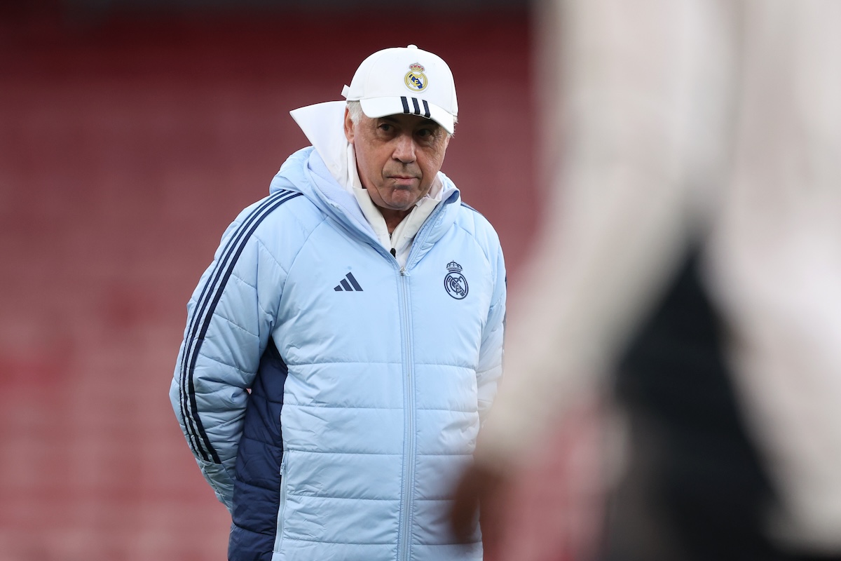 LONDON, ENGLAND - APRIL 07: Carlo Ancelotti, Head Coach of Real Madrid, looks on during a training session ahead of their UEFA Champions League 2024/25 quarter final first leg match at Sobha Realty Training Centre on April 07, 2025 in London Colney, England. (Photo by Alex Davidson/Getty Images)