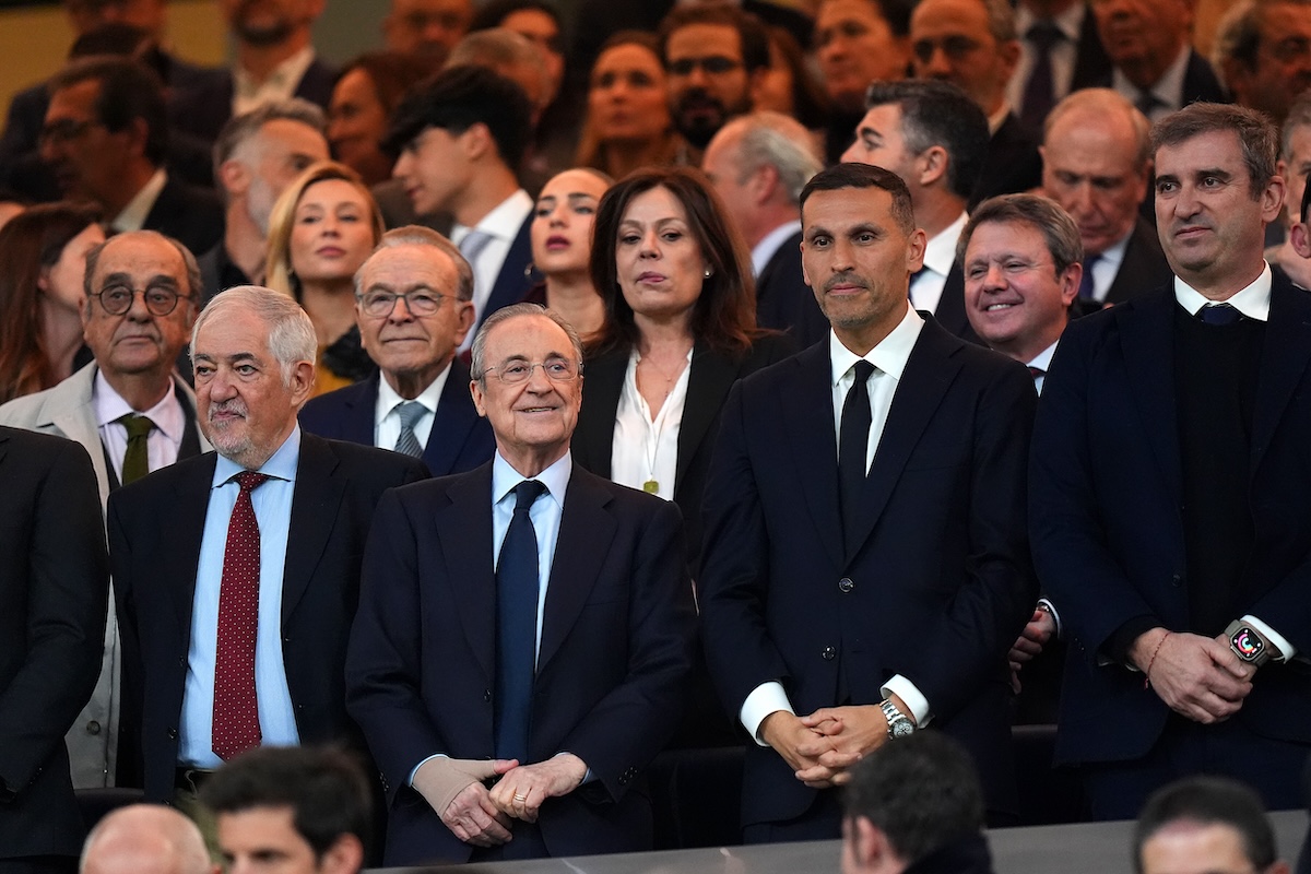 MADRID, SPAIN - FEBRUARY 19: Florentino Perez, President of Real Madrid and Khaldoon Al Mubarak, Chairman of Manchester City, look on prior to the UEFA Champions League 2024/25 League Knockout Play-off second leg match between Real Madrid C.F. and Manchester City at Santiago Bernabeu Stadium on February 19, 2025 in Madrid, Spain. (Photo by Angel Martinez/Getty Images)