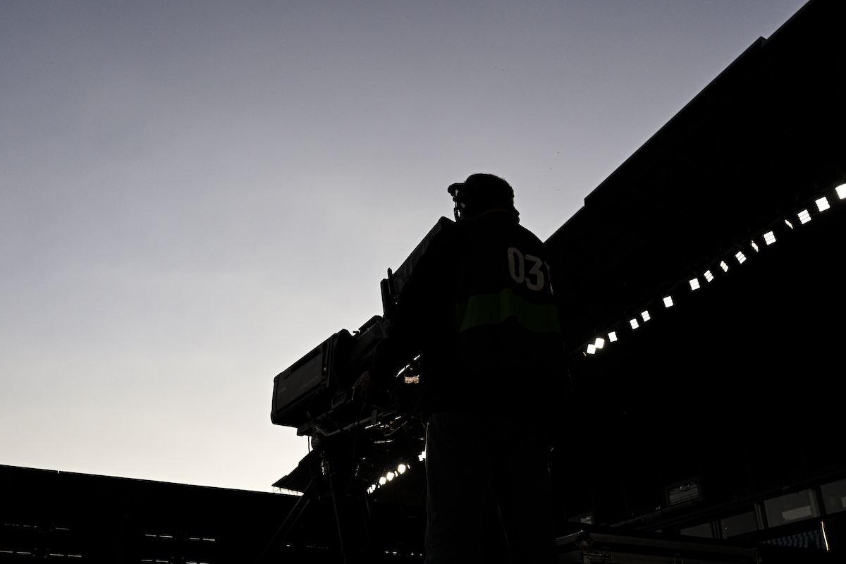 VIGO, SPAIN - MARCH 31: Mediapro : A silhouette of TV camera operator is pictured inside of the stadium prior to the LaLiga match between RC Celta de Vigo and UD Las Palmas at Estadio Balaidos on March 31, 2025 in Vigo, Spain. (Photo by Octavio Passos/Getty Images)