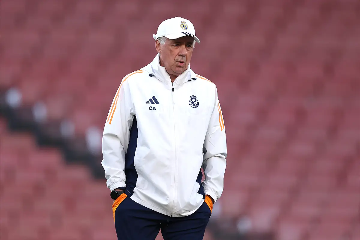 Ancelotti à l'entraînement lundi (Photo by Alex Davidson/Getty Images).