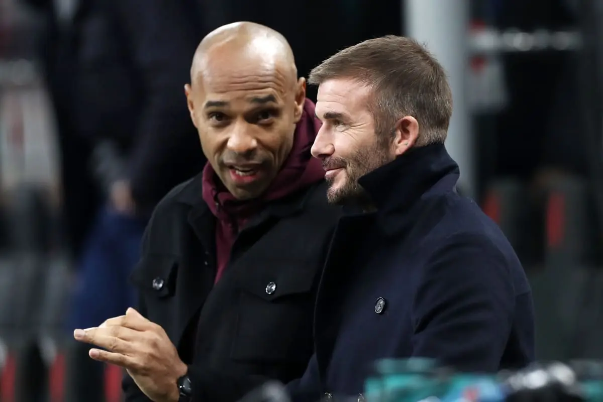 MILAN, ITALY - NOVEMBER 07: David Beckham looks on alongside Thierry Henry prior to the UEFA Champions League match between AC Milan and Paris Saint-Germain at Stadio Giuseppe Meazza on November 07, 2023 in Milan, Italy. (Photo by Marco Luzzani/Getty Images).