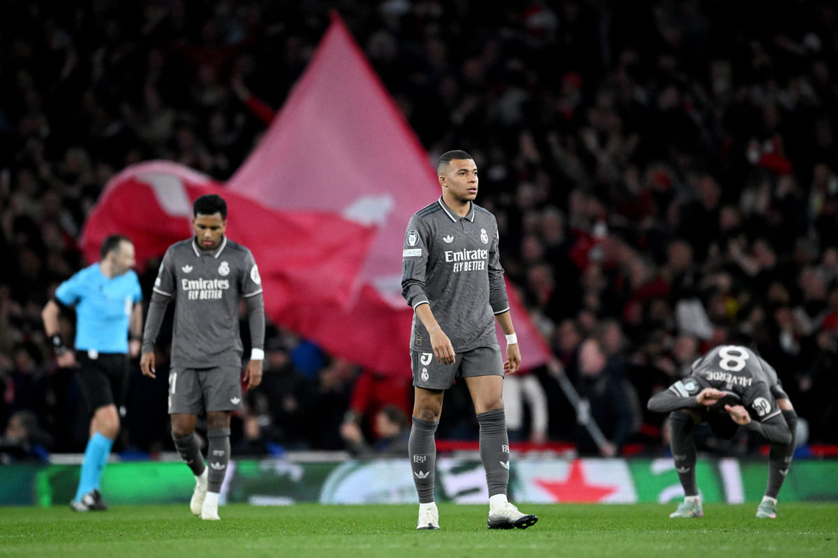 LONDON, ENGLAND - APRIL 08: Kylian Mbappe of Real Madrid looks dejected after Mikel Merino of Arsenal (not pictured) scores his team's third goal during the UEFA Champions League 2024/25 Quarter Final First Leg match between Arsenal FC and Real Madrid C.F. at Emirates Stadium on April 08, 2025 in London, England. (Photo by Justin Setterfield/Getty Images)