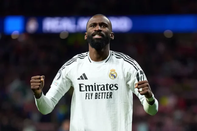 MADRID, SPAIN - MARCH 12: Antonio Rüdiger of Real Madrid celebrates victory after Real Madrid defeat Atletico de Madrid in the penalty shoot out during the UEFA Champions League 2024/25 UEFA Champions League 2024/25 Round of 16 second leg match between Atletico de Madrid and Real Madrid C.F. at Riyadh Air Metropolitano on March 12, 2025 in Madrid, Spain. (Photo by Angel Martinez/Getty Images)