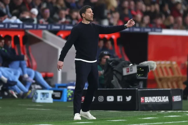 LEVERKUSEN, GERMANY - MARCH 28: Xabi Alonso, Head Coach of Bayer 04 Leverkusen, reacts during the Bundesliga match between Bayer 04 Leverkusen and VfL Bochum 1848 at BayArena on March 28, 2025 in Leverkusen, Germany. (Photo by Lars Baron/Getty Images)