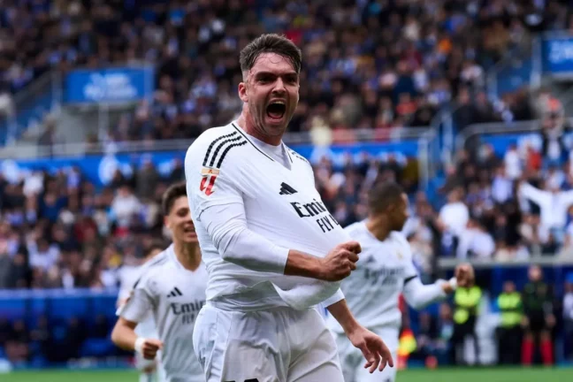 VITORIA-GASTEIZ, SPAIN - APRIL 13: Raul Asencio of Real Madrid celebrates after scoring a goal, which is later ruled out following a VAR Review which concluded their was a foul in the build up during the LaLiga match between Deportivo Alaves and Real Madrid CF at Estadio de Mendizorroza on April 13, 2025 in Vitoria-Gasteiz, Spain. (Photo by Juan Manuel Serrano Arce/Getty Images)