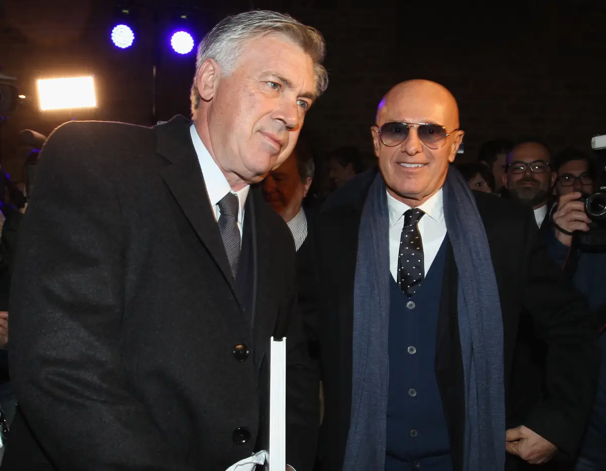 FLORENCE, ITALY - JANUARY 19: (L-R) Real Madrid head coach Carlo Ancelotti and Arrigo Sacchi attend the Italian Football Federation Hall of Fame Award ceremony at Palazzo Vecchio on January 19, 2015 in Florence, Italy. (Photo by Paolo Bruno/Getty Images)